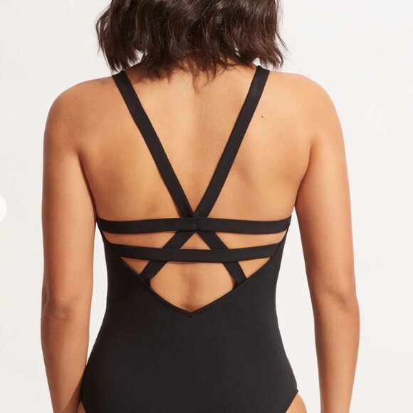 Seafolly Collective Deep V Maillot One Piece Swimsuit Black 14 L/XL - Picture 5 of 5